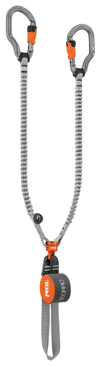 Petzl Scorpio Vertigo lanyard featuring two carabiners and an ultra-compact absorber for safety and convenience.