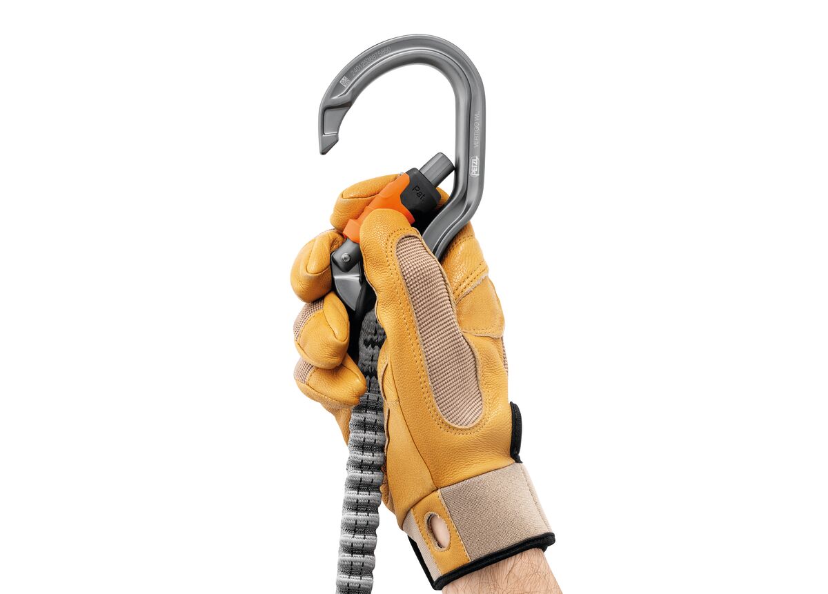 Close-up of a hand holding a Petzl Scorpio Vertigo lanyard with a wire-lock carabiner.